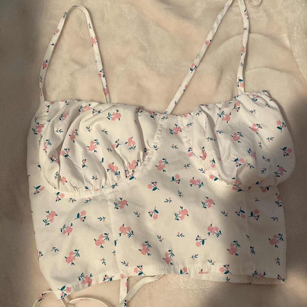 white tie top with pink flowers